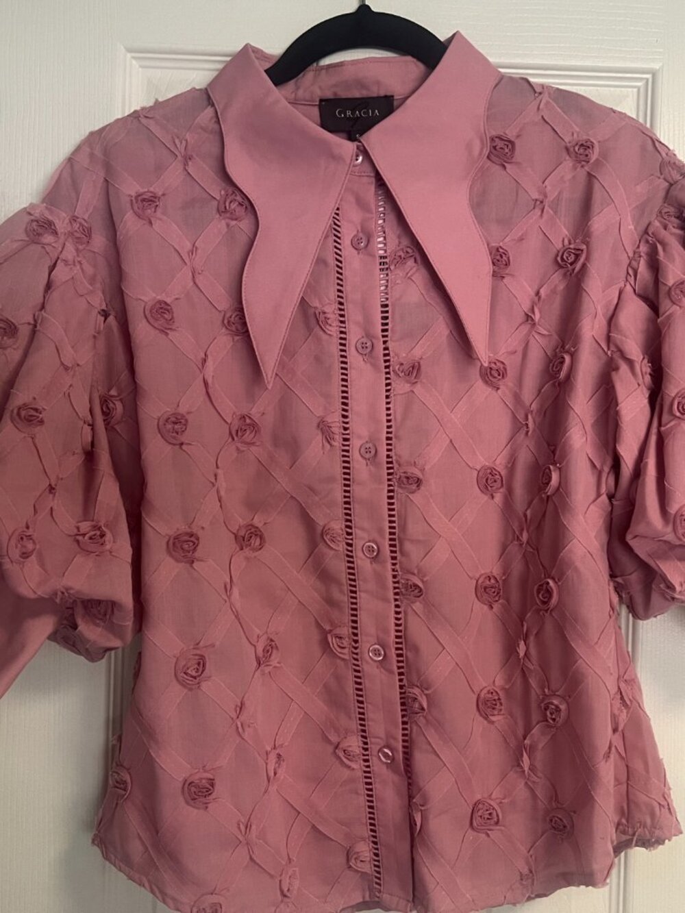 Gracia Puff Sleeve Button-Down Collared Solid Top - Picture 4 of 9